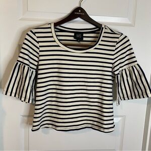 Anthropology W5 Navy Blue White Blouse with Bell Sleeves Size S